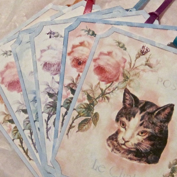 French Cat Kitty Tags, Wedding tags, gift tags lot of 6