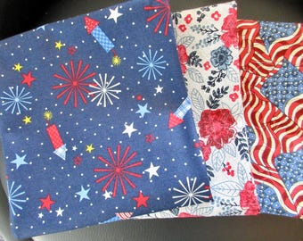Fabric Fat Quarter 3 pack Patriotic July 4th Red White Blue