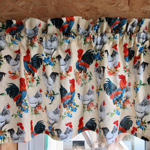 Curtain Cafe Valance Kitchen Window Red White Blue Chickens
