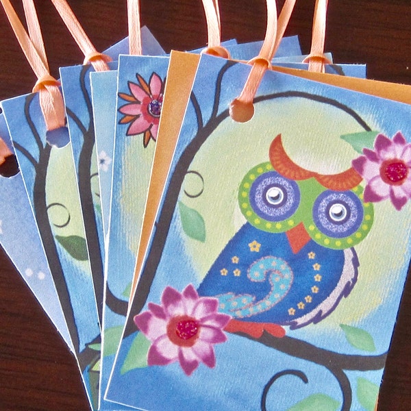 Colorful Owls Gift Tags, Thank You, Wedding, Birthday, Hang Tags Lot of 6