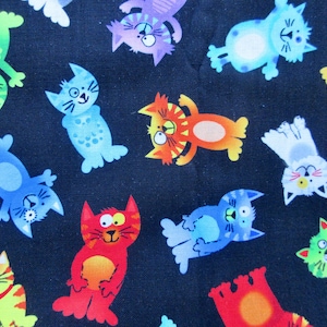 Cotton Fabric Colorful Kitty Cats on Black by the half yard