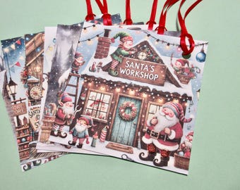 Christmas Santa's Workshop Tags, Cards, Gift, Thank You, Wedding, Birthday, Table Lunch Box Name Lot of 6