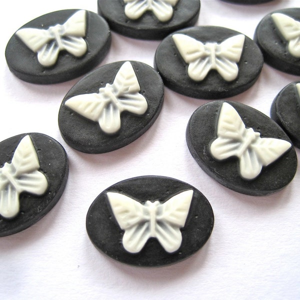 White Butterfly on Black Cameo Resin Cabochons lot of 4