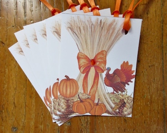 Tags Fall Thanksgiving Turkey Pumpkins Gift, Thank You, Wedding, Birthday, Table Lunch Box Name Lot of 6