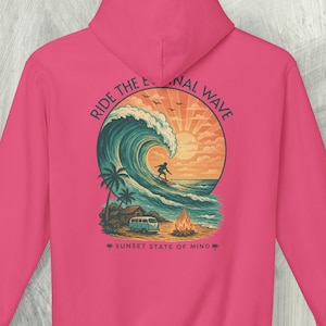 May include: Hot pink hoodie with a graphic of a surfer riding a wave at sunset. The design includes palm trees, a van, and the text "RIDE THE ETERNAL WAVE" and "SUNSET STATE OF MIND".
