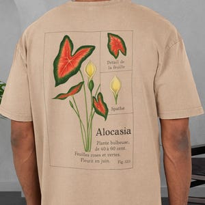 T-shirt met botanische bloem, Alocasia vintage plant print op achterkant | Met zuur gewassen oversized T-shirt, Cottage Core-cadeau, grafisch bloemenshirt