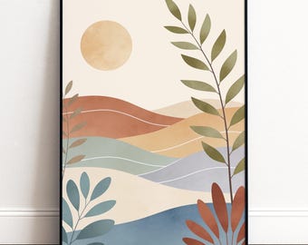 Boho Landschaft Poster | Japandi Wandkunst mit Sonne und Blättern | Beige Blau Terracotta Wohnzimmer Deko