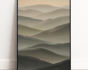 Nebelberge Poster | Minimalistische Landschaft in Beige Grün | Nature Wall Art | Ruhige Schlafzimmer Deko