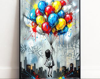 Street Art Poster Girl with Balloons | Colorful Graffiti Wall Mural for Living Room, Hallway, Children's Room | Urban Art Gift Idea