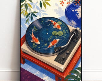 Japanisches Koi Poster mit Plattenspieler als Geschenk für Musikliebhaber und Vinylfans