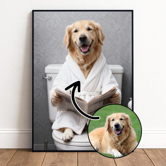 Personalisiertes Hunde Poster lustig | Hund auf Toilette mit Zeitung | Individuelle Haustier Wandkunst | Foto Geschenk Hund