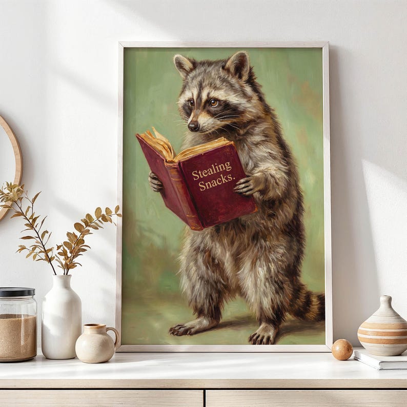 Funny raccoon poster | Animal wall art with book for living room, office, kitchen | Gift for animal lovers and raccoon fans image 9