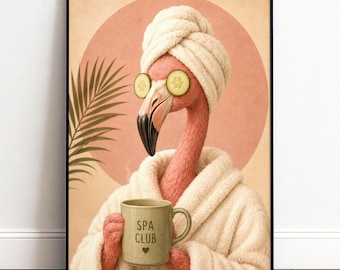 Flamingo Badezimmer Poster lustig | Spa Club Wandbild für Gäste WC Bad | Witzige Wellness Deko Geschenk für Flamingo Fans