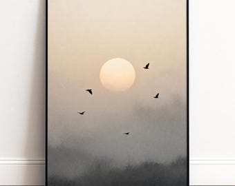 Sonnen Poster mit Vögeln | Minimalistische Nebellandschaft | Japandi Nature Wall Art | Ruhige Wohnzimmer Deko