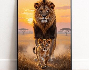 Löwe Vater mit Jungtier Poster | Kraftvolle Familien Wanddeko Wohnzimmer | Majestätisches Löwen Wandbild Savanne
