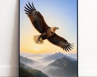 Majestätischer Adler Poster Berge | Kraftvolle Natur Wanddeko Wohnzimmer | Adler Wandbild Sonnenaufgang Modern