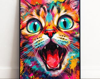 Colorful Cat Poster | Funny Cat Pop Art Wall Art for Living Room/Children's Room | Gift for Cat Lovers