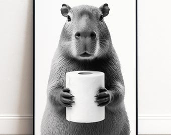 Lustige Badezimmer Wanddeko mit Capybara | Witziges Gäste WC Poster Schwarz Weiß | Humorvolles Tier Wandbild Toilette Einzugsgeschenk