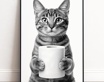 Lustige Katze Badezimmer Deko | Witziges Gäste WC Poster Schwarz Weiß | Humorvolles Katzen Wandbild Toilette Einzugsgeschenk