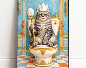 Gäste WC Poster mit königlicher Katze auf Toilette und goldener Klobürste