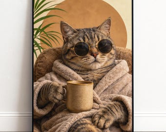Funny Cat Poster | Cool Cat with Coffee Wall Art for Kitchen, Living Room, Coffee Corner | Gift for Cat Lovers