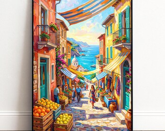 Mediterranes Poster Italien Gasse | Buntes Küstenstadt Wandbild für Küche Wohnzimmer Flur | Sommer Deko Geschenk Reiseliebhaber