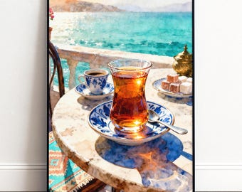 Türkischer Cay Tee Poster | Mediterranes Meerblick Wandbild für Küche Esszimmer Wohnzimmer | Aquarell Deko Geschenk Teeliebhaber