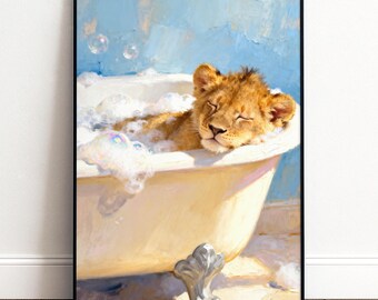 Löwe Badezimmer Poster | Badewannen Wandbild | Gäste WC Deko | Geschenk zum Einzug
