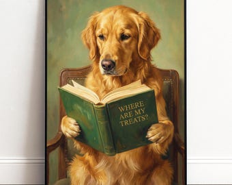 Golden Retriever Poster lustig | Hunde Wandbild mit Buch für Wohnzimmer Büro Flur | Geschenk für Hundeliebhaber und Hundefans