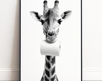 Funny Giraffe Bathroom Decor | Humorous Guest Toilet Poster Black and White | Humorous Animal Wall Art Toilet Housewarming Gift