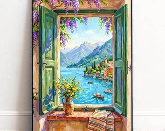 Mediterranes Poster Fensterblick | Italien See Wandbild für Wohnzimmer Küche Flur | Sommer Landschaft Deko Urlaub Geschenk