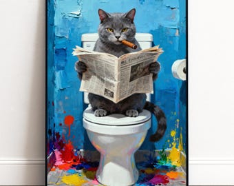 Lustiges Gäste WC Bild Katze auf Toilette | Badezimmer Deko lustig | Witziges Klo Poster | Geschenk für Katzenliebhaber Einzugsgeschenk