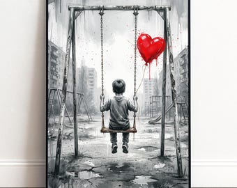 Street Art Poster Junge Schaukel | Roter Herzballon Wandbild für Wohnzimmer Flur Büro | Moderne Urban Art Deko Geschenkidee