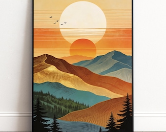 Retro Berglandschaft Poster | Mid Century Wall Art in Orange Blau | Japandi Natur Wandbild | Wohnzimmer Deko