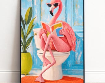 Flamingo Poster fürs Gäste WC mit Sonnenbrille beim Lesen auf der Toilette