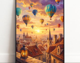 Heißluftballon Poster | Romantisches Altstadt Wandbild bei Sonnenuntergang | Vintage Stadt Deko für Wohnzimmer Flur Büro