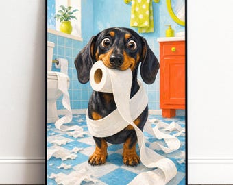 Dackel Poster fürs Badezimmer mit Hund und Toilettenpapier im bunten Bad