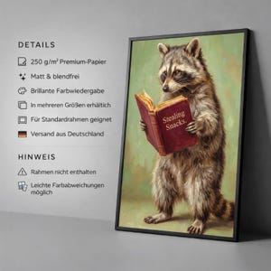 May include: A framed art print featuring a raccoon standing upright and reading a book with the text "Stealing Snacks." The raccoon has brown and gray fur, and the book is red. The background is a muted green.