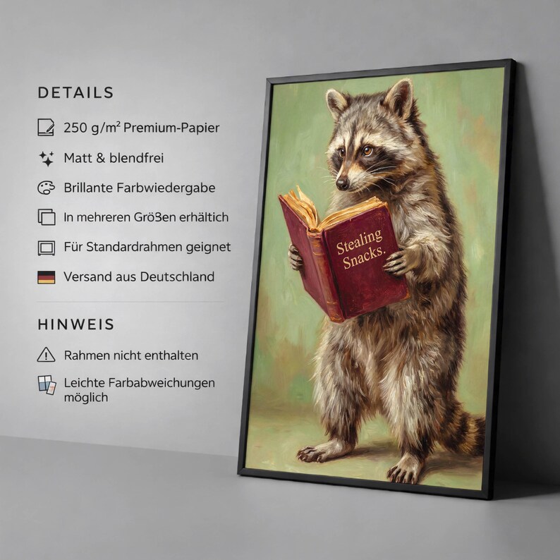 May include: A framed art print featuring a raccoon standing upright and reading a book with the text "Stealing Snacks." The raccoon has brown and gray fur, and the book is red. The background is a muted green.