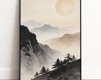 Japandi Berg Poster | Sumi-e Landschaft mit Sonne | Zen Wandkunst in Beige Schwarz | Ruhige Wohnzimmer Deko
