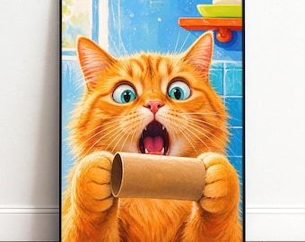 Katzenposter fürs Bad mit roter Katze und Toilettenpapierrolle