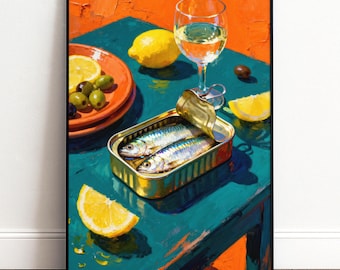 Sardinen Poster Stillleben | Mediterranes Küchen Wandbild mit Zitrone Oliven Wein | Esszimmer Restaurant Deko Geschenk für Feinschmecker