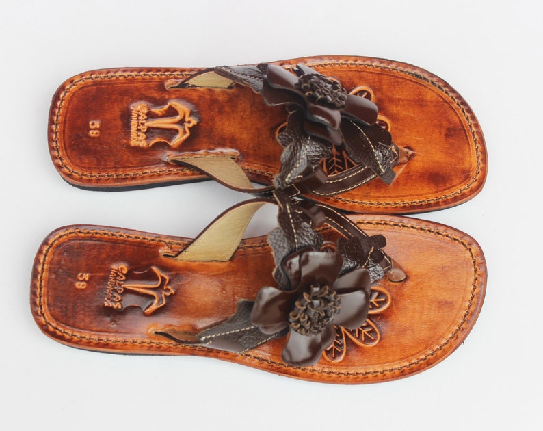 Leather flower sandals/ boho hippie sandals/ women slides/ Etsy