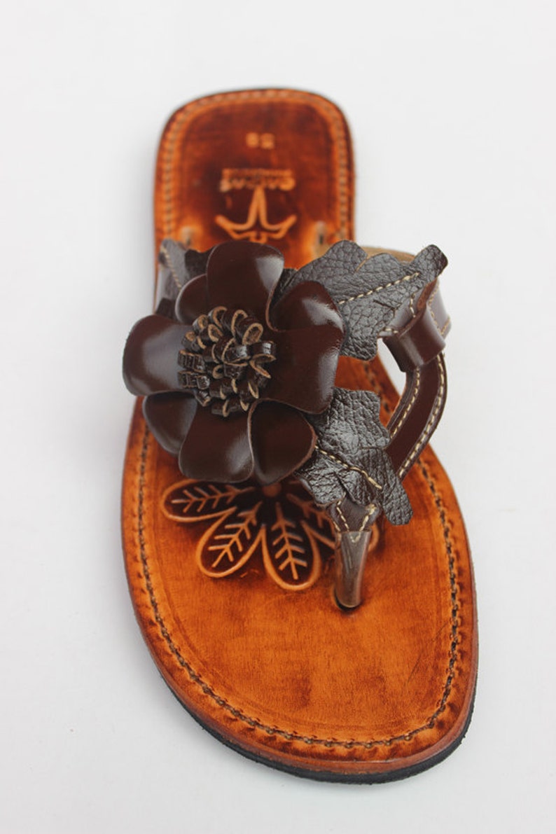 Leather flower sandals/ boho hippie sandals/ women slides/ Etsy