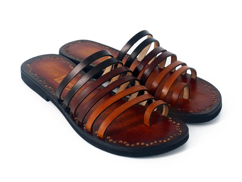 strappy leather slides handmade and hand painted with pattern Aelis