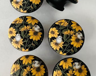 Handcrafted 1-1/2" Sunflower and Bird Decorative Round Wood Knobs w/Screws