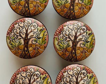 Handcrafted 1-1/2" Tree of Life Decorative Round Wood Knobs w/Screws