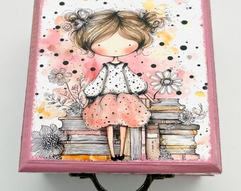 Handcrafted Wood Trinket Box, Girl with Flowers Design