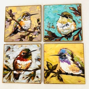 Handmade Set of Four (4)  Ea. Solid Wood Bird Coasters