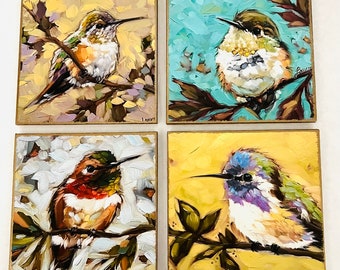 Handmade Set of Four (4)  Ea. Solid Wood Bird Coasters